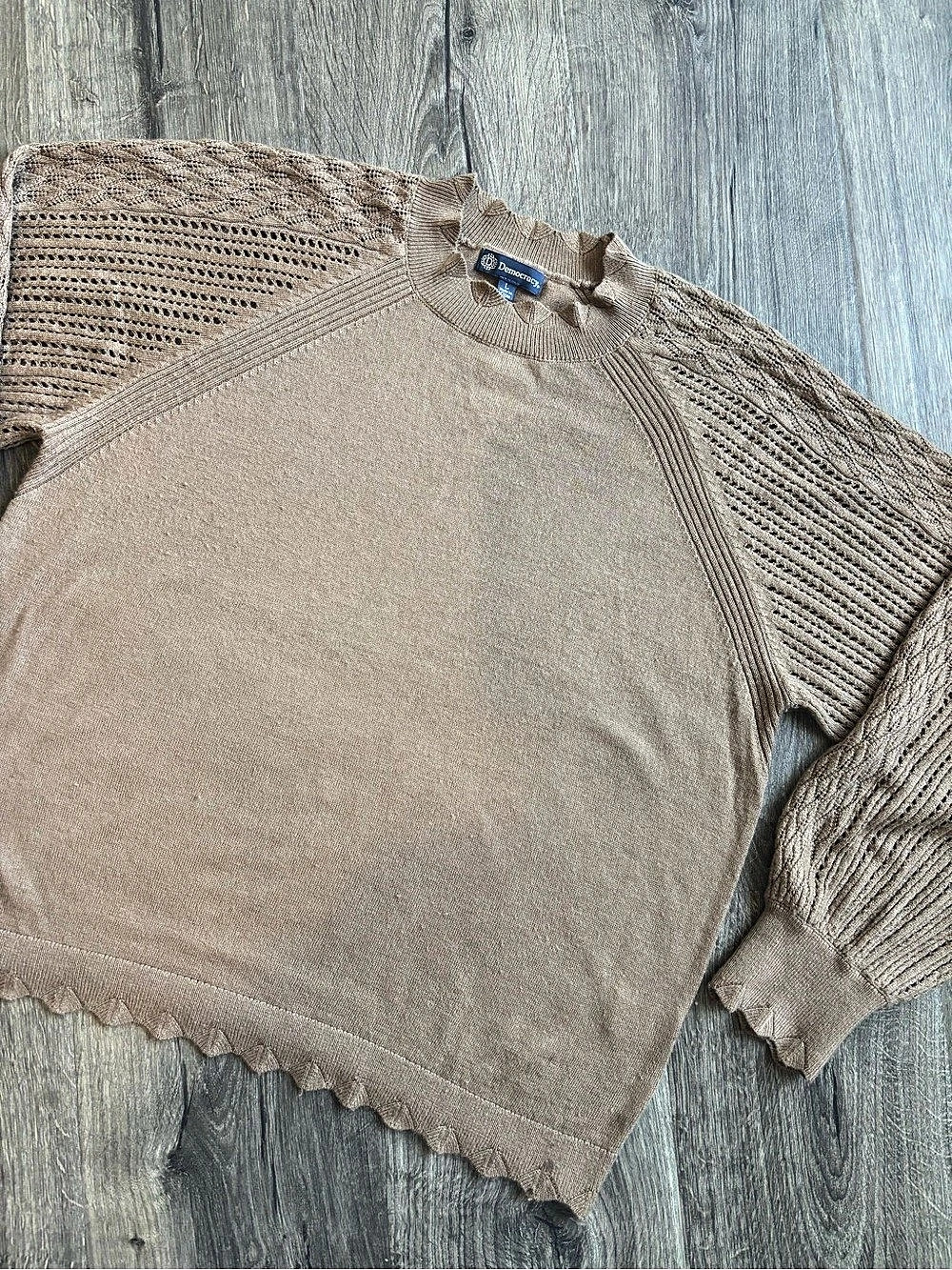 Democracy Scallop Trim Open Knit Sleeve Crewneck Sweater Scalloped Knit Sweater